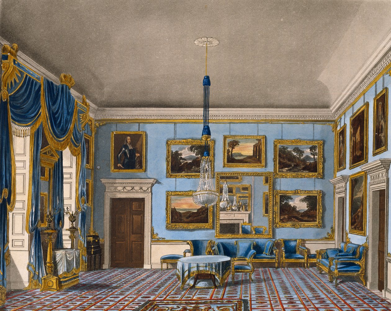 Kék bársonyterem, Daniel Havell (1785-1826) metszete, Charles Wild (1781-1835) terve alapján, A királyi rezidenciák történetéből alkotó: Charles (after) Wild