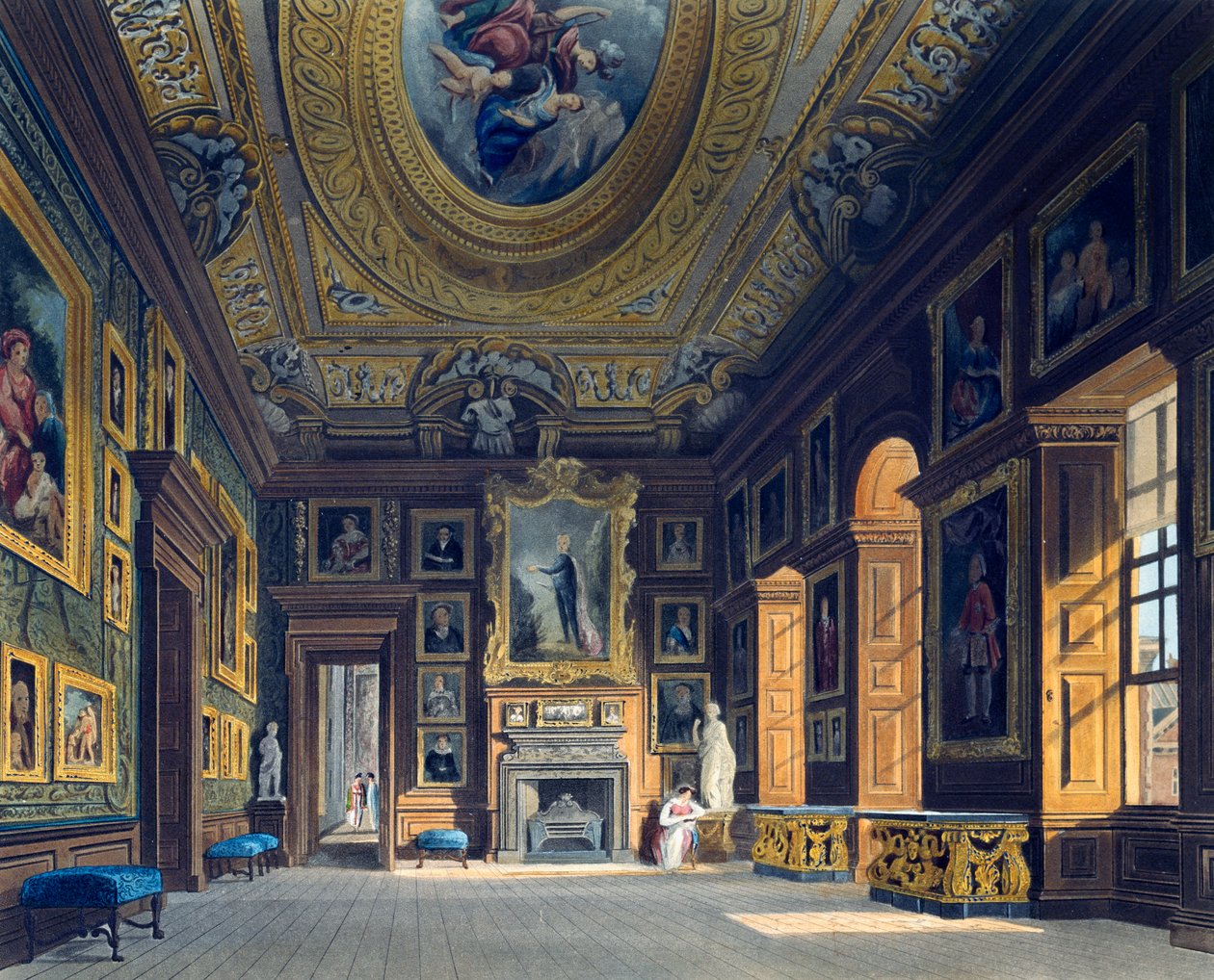 Caroline királynő szalonja, Thomas Sutherland (1785-1838) metszete, Charles Wild (1781-1835) terve alapján, A királyi rezidenciák története című kötetből. alkotó: Charles (after) Wild