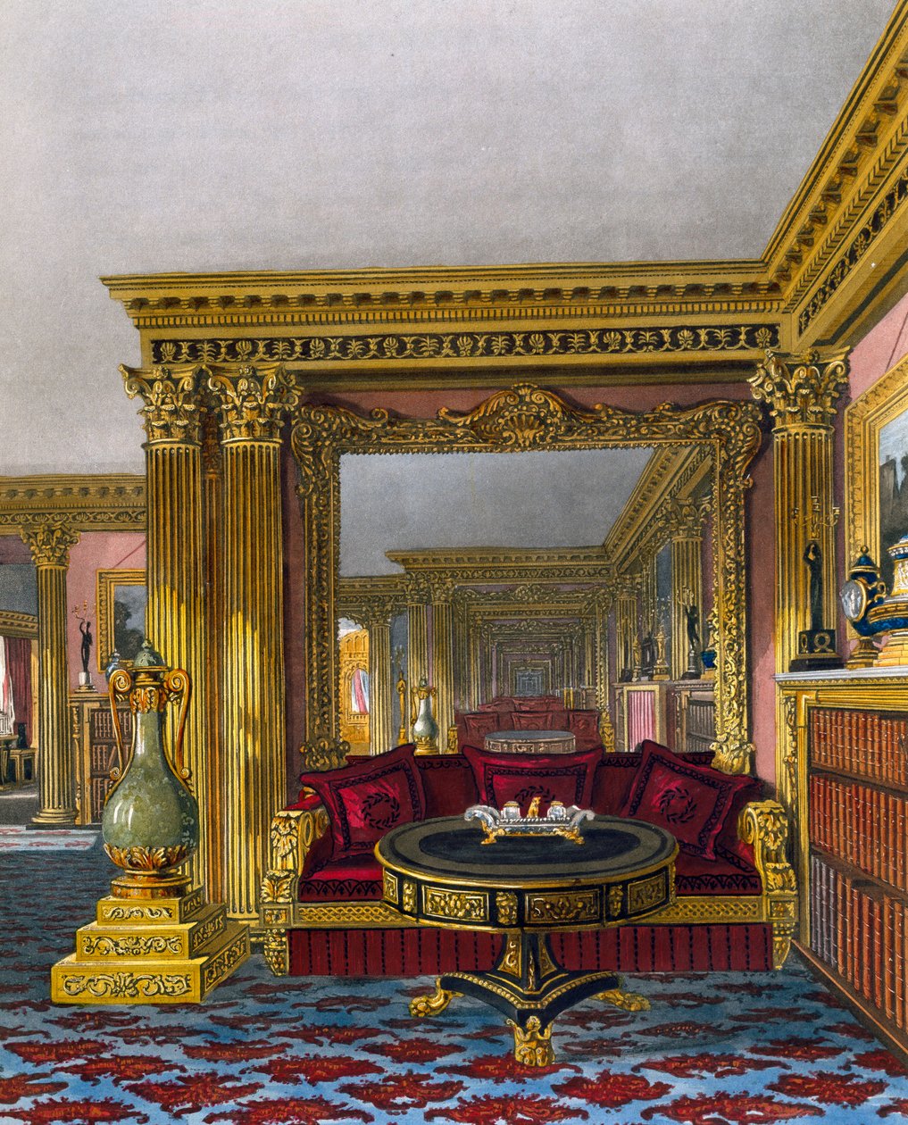 Arany szalon, William James Bennett (1787-1844) metszete, Charles Wild (1781-1835) terve alapján, A királyi rezidenciák története című kötetből. alkotó: Charles (after) Wild