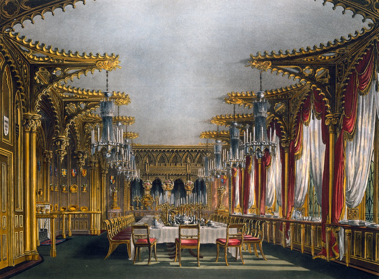 Gótikus ebédlő, Thomas Sutherland (1785-1838) metszete, Charles Wild (1781-1835) terve alapján, A királyi rezidenciák története című kötetből. alkotó: Charles (after) Wild