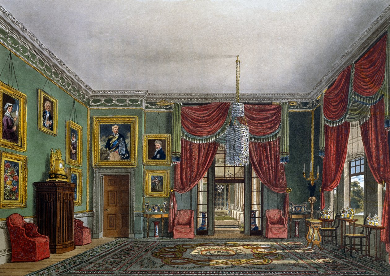 Zöld pavilon, metszet Daniel Havell (1785-1826), Charles Wild (1781-1835) terve alapján, A királyi rezidenciák történetéből alkotó: Charles (after) Wild