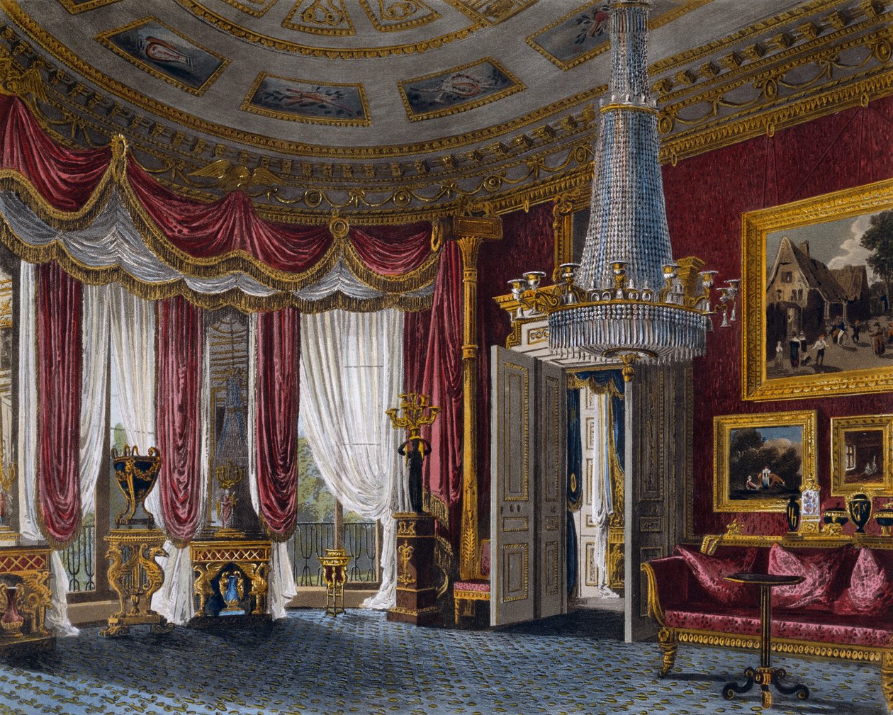 Rózsaszín szatén szalon, metszet Richard Reeve (született 1780-ban), Charles Wild (1781-1835) terve alapján, A királyi rezidenciák történetéből alkotó: Charles (after) Wild
