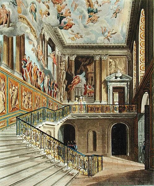 A Hampton Court Palace nagy lépcsőháza Pyne királyi rezidenciáiból, Richard Reeve (sz. 1780) metszetében, 1819-ben megjelent (metszet) alkotó: Charles (after) Wild