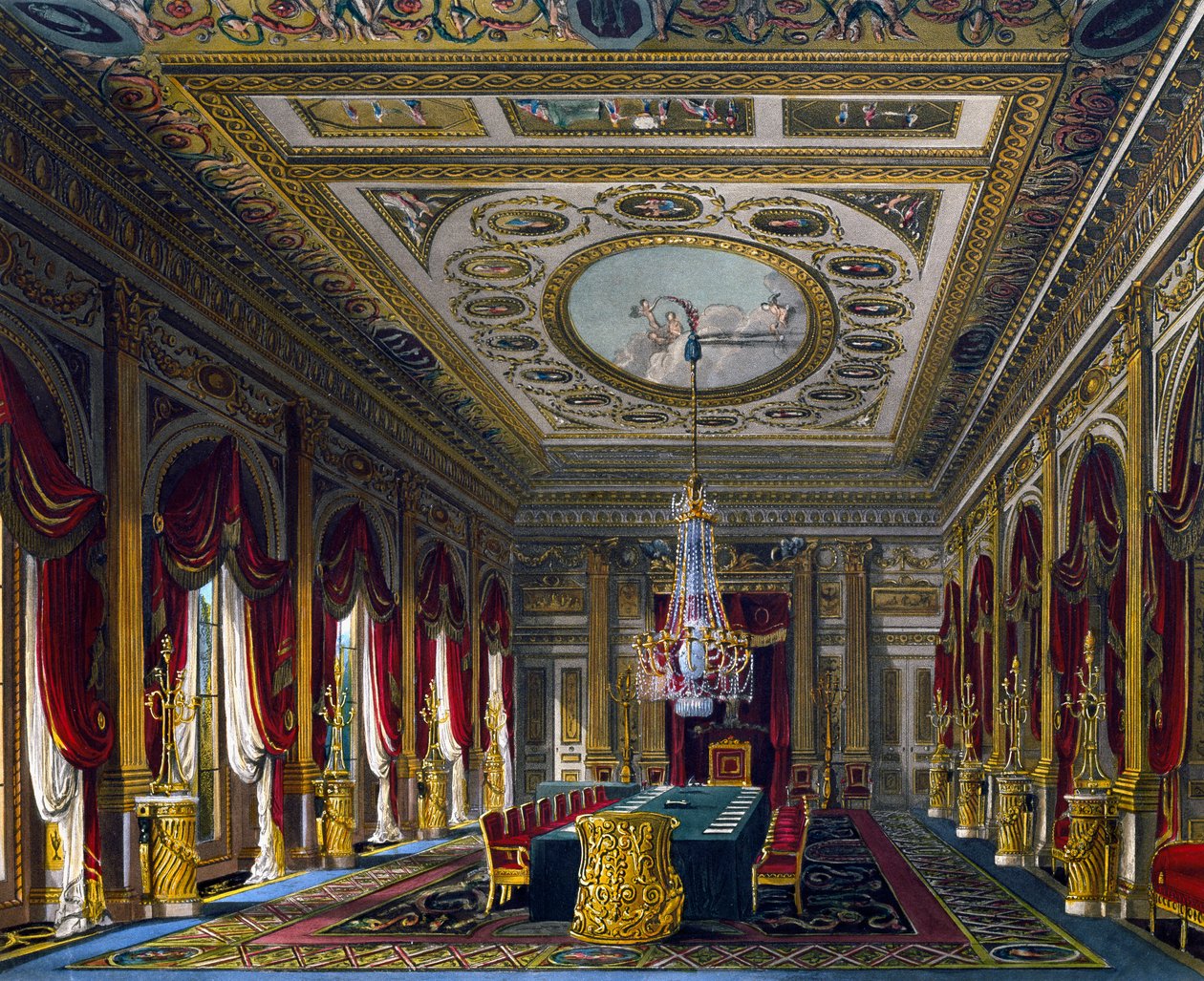 Trónterem, Thomas Sutherland (1785-1838) metszete, Charles Wild (1781-1835) terve alapján, A királyi rezidenciák története című kötetből. alkotó: Charles (after) Wild