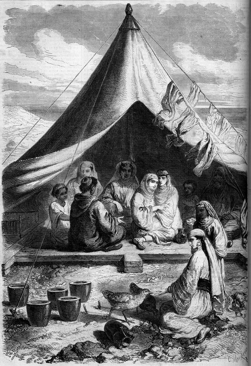 1860-ban egy marokkói zsidó család a gibraltári tengerparton menekült. Yriarte úr vázlata szerint. Metszet a „” Le Monde Illustré”” 146. számában, 1860. január 28. alkotó: Charles (after) Yriarte