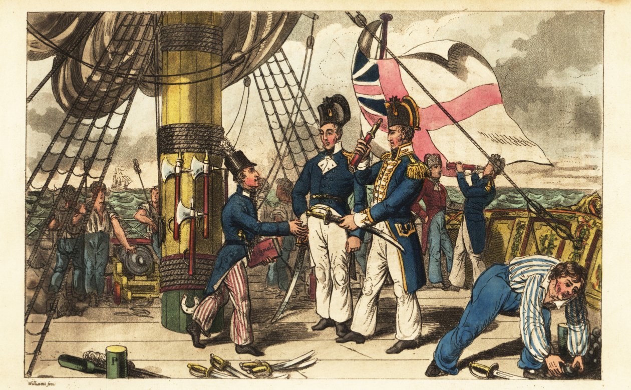 Spring kapitány Midshipman Newcome-ot helyettesévé teszi, és átadja neki a kardját a HMS Victory fedélzetén. alkotó: Charles (c.1797 1850) (after) Williams