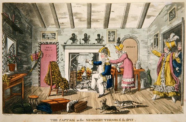 „A kapitány a kolostorban, forgatja a nyársat”, tányér John Mitford (1782-1831) „Johnny Newcome kalandjai a haditengerészetben” című lemezéből (színes akvatinta) alkotó: Charles (c.1797 1850) (after) Williams