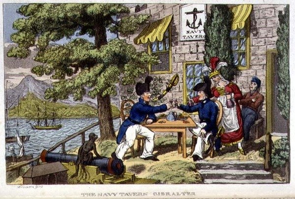 The Navy Tavern, Gibraltár, tábla John Mitford (1782-1831) "Johnny Newcome kalandjai a haditengerészetnél" című művéből, 1818 (litográfia) alkotó: Charles (c.1797 1850) (after) Williams
