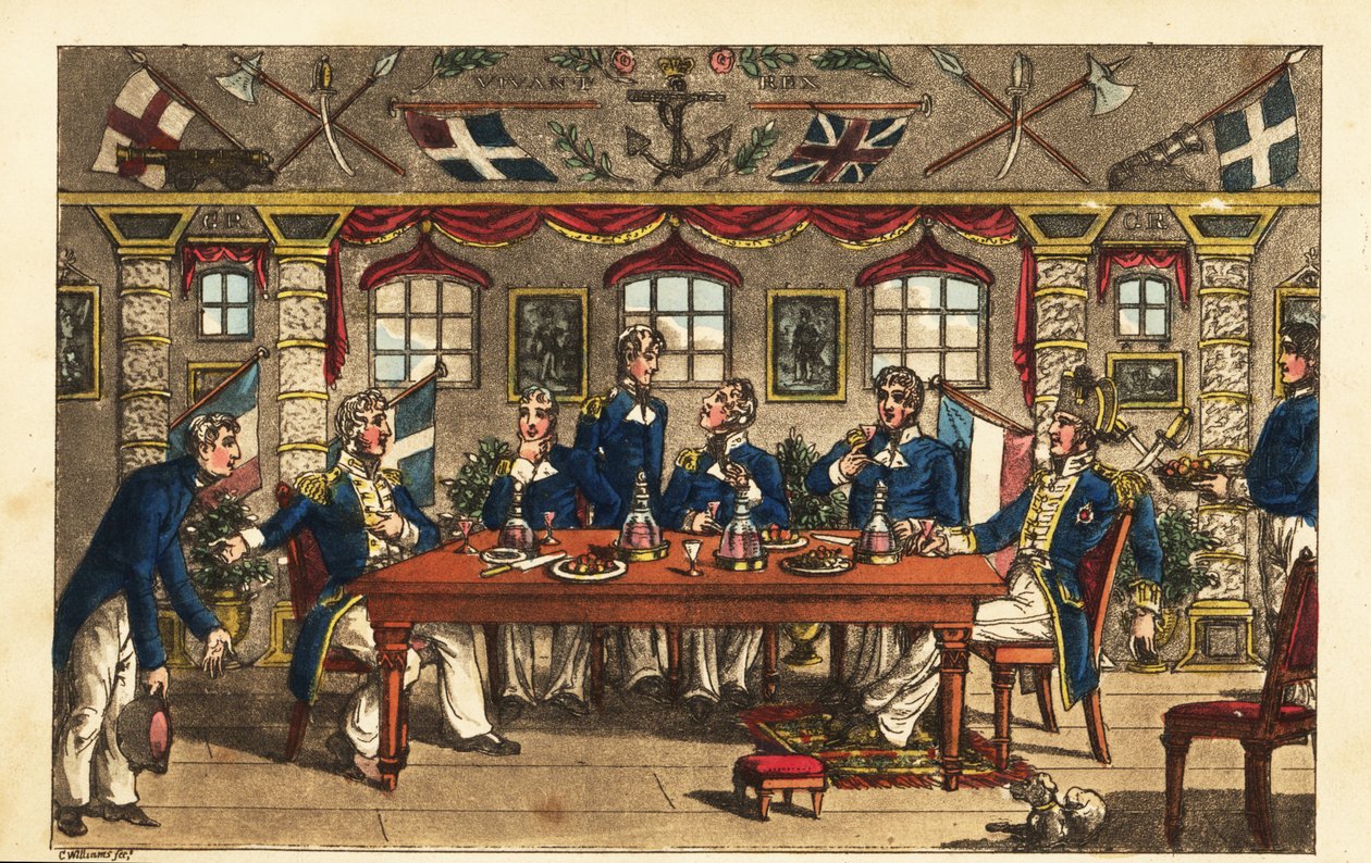 Midshipman Newcome meghajolva elhagyja a vacsorát a kapitány kabinjában, a HMS Victoryban alkotó: Charles (c.1797 1850) (after) Williams