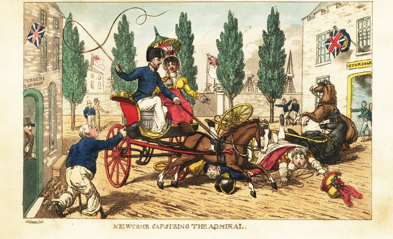 Midshipman Newcome beleütközött az admirális kétlovas kocsijába Gosportban alkotó: Charles (c.1797 1850) (after) Williams