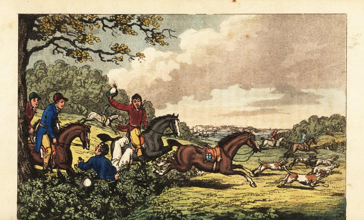 Midshipman Newcome egy sövénybe esik, miközben rókavadászat a Bertram Hall közelében alkotó: Charles (c.1797 1850) (after) Williams