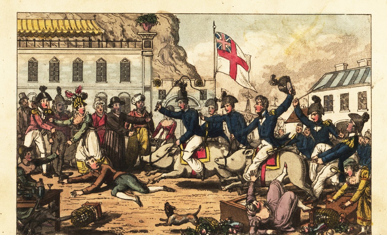 Királyi haditengerészeti tisztek nyeregben sertésen lovagolnak a gibraltári piacon alkotó: Charles (c.1797 1850) (after) Williams