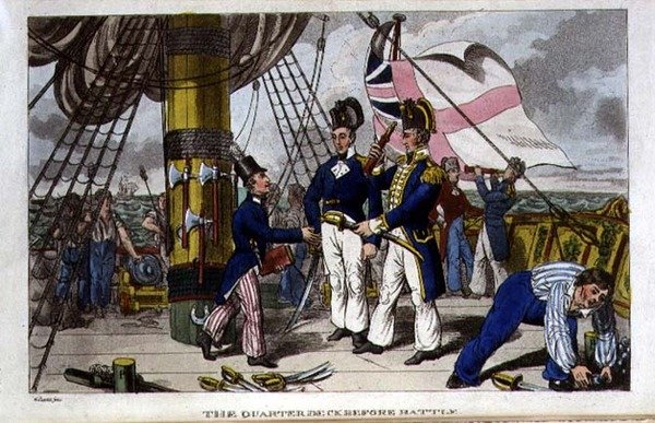 A Quarter Deck a csata előtt, lemez a John Mitford (1782-1831) „The Adventures of Johnny Newcome in the Navy” című filmből, 1818 (litho) alkotó: Charles (c.1797 1850) (after) Williams