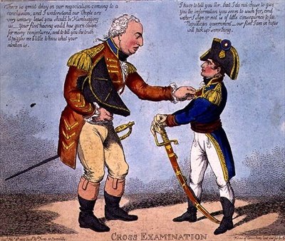 „Cross Examination”, megjelent 1802. február 8-án (színes litho) alkotó: Charles (fl.c.1797 1850) Williams