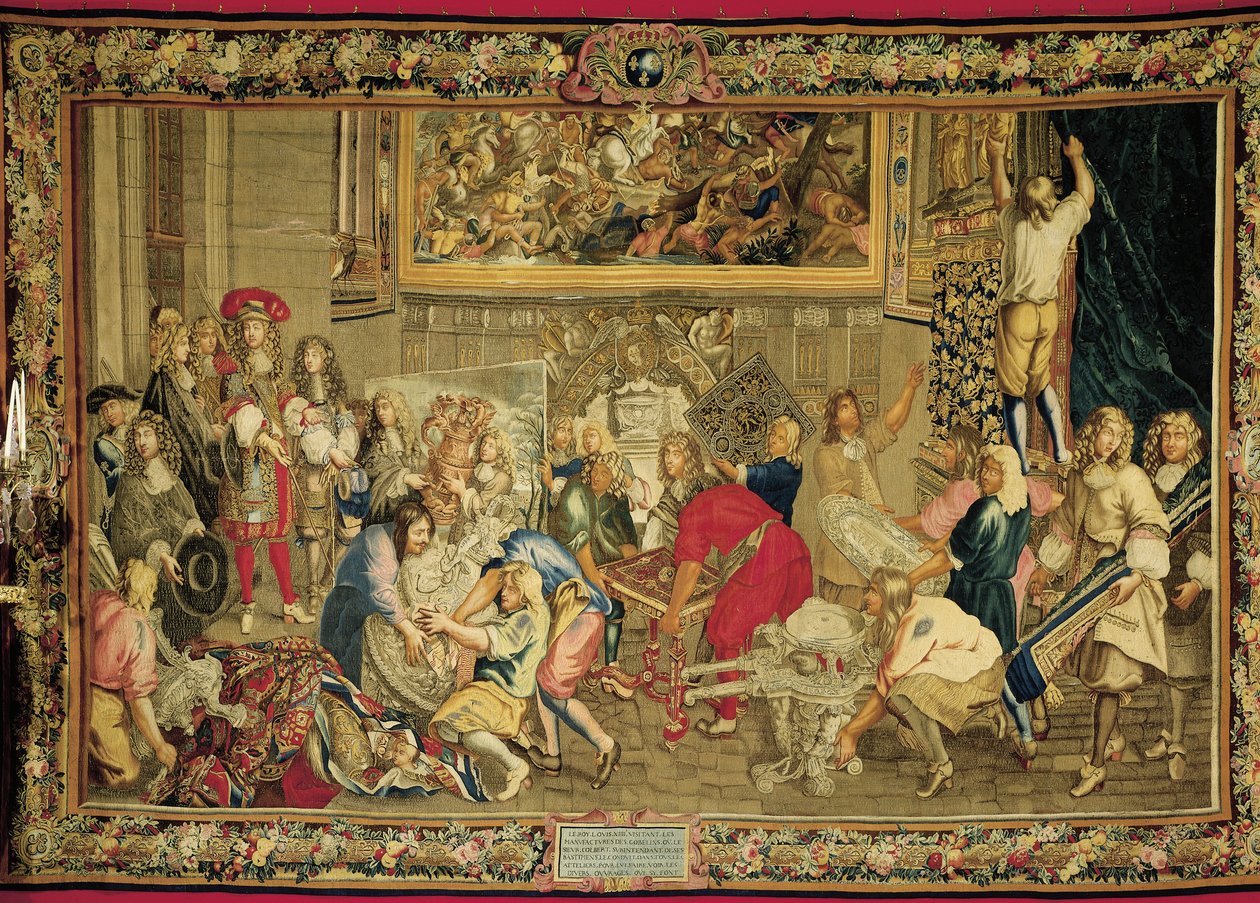XIV. Lajos látogatása a Gobelin-gyárban alkotó: Charles (studio of ) Le Brun