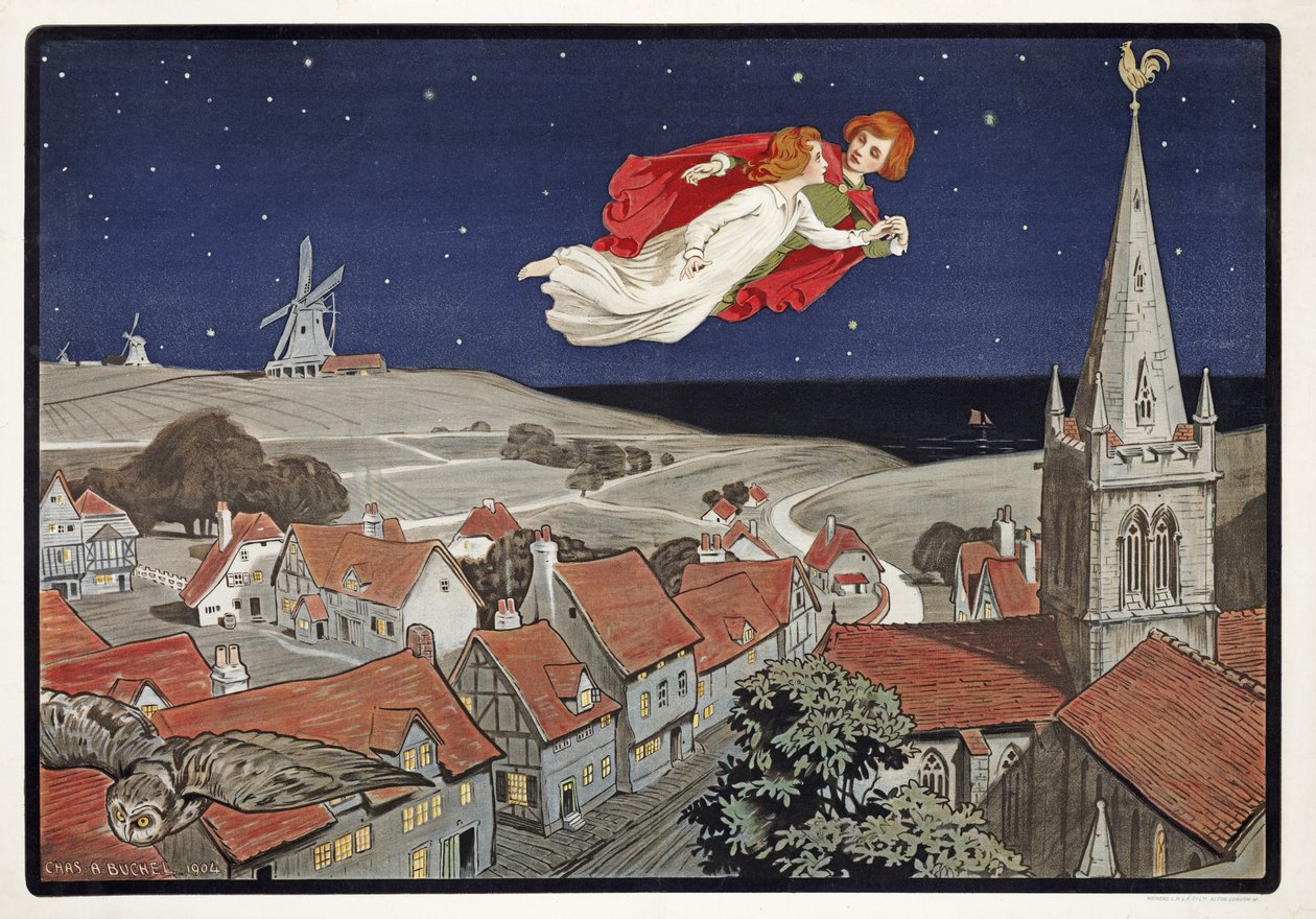 J. M. Barrie (1860-1937) Peter és Wendy repül Peter Panból, 1904 (színes litó) alkotó: Charles A. Buchel
