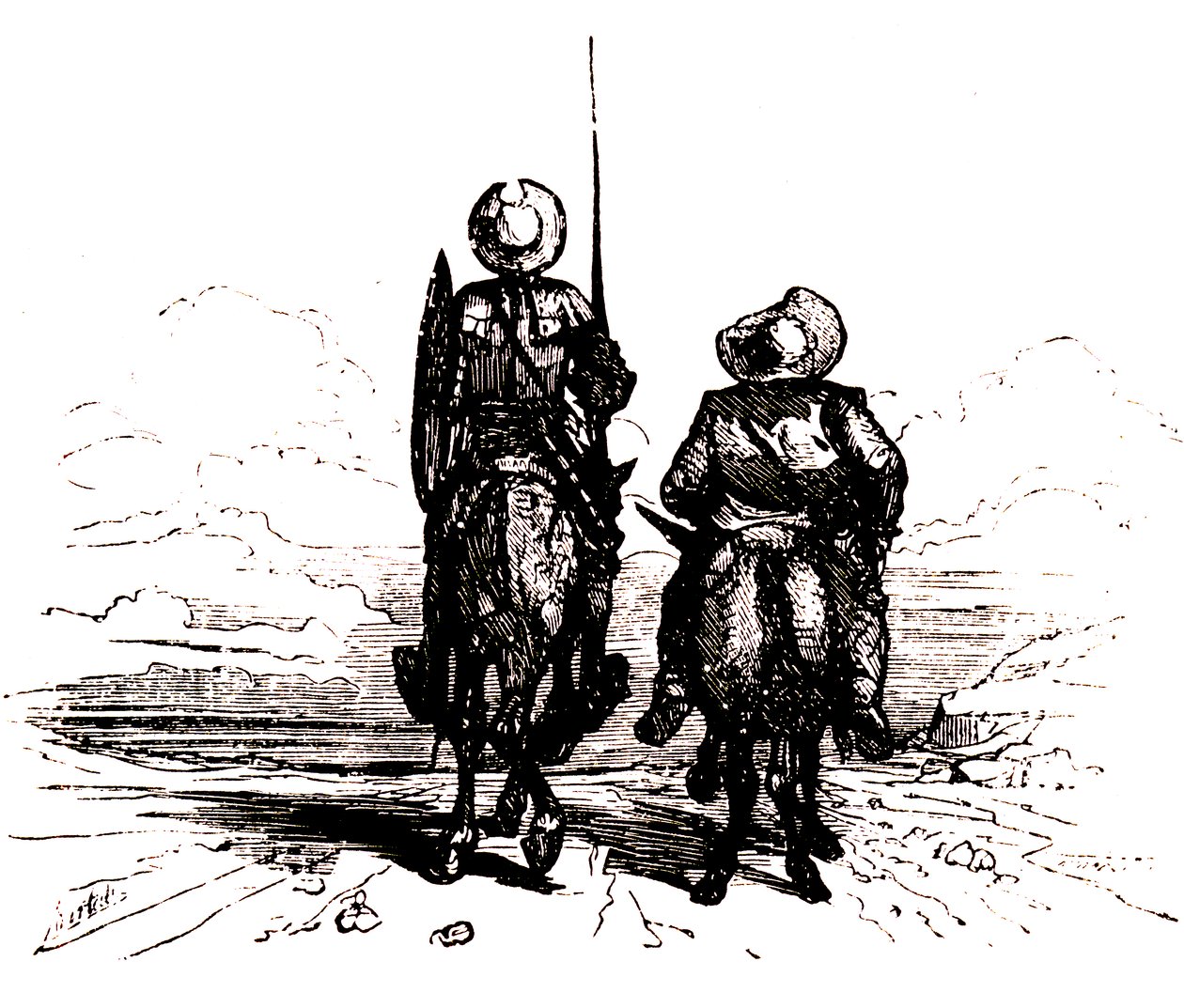 Don Quijote a lován, mellette Sancho a szamarán. alkotó: Charles Albert d