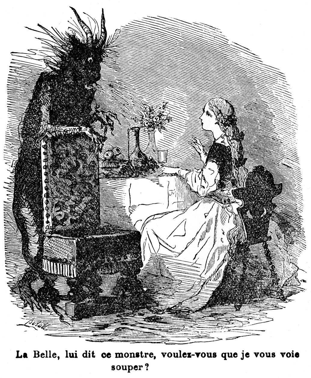 Illusztráció Mrs. Jeanne Marie Leprince de Beaumont „Szépség és a Bete” című meséjéhez, XIX. alkotó: Charles Albert dArnoux Bertall