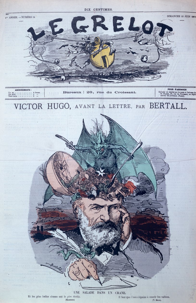„Agysaláta”, Victor Hugo (1802-85) karikatúrája a „Le Grelot” borítójáról, 1871. június alkotó: Charles Albert d Arnoux Bertall