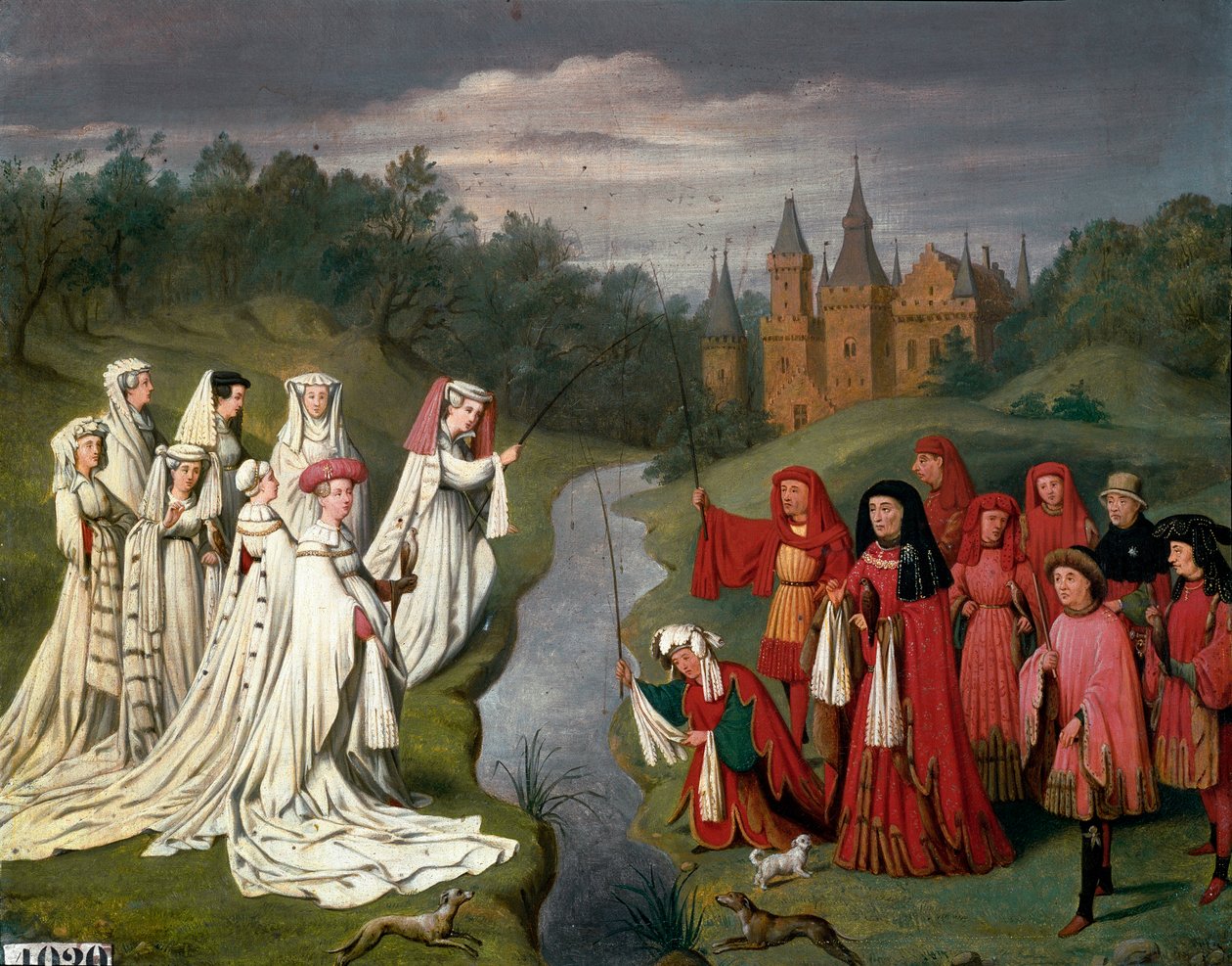A Burgundia-ház kilenc hercege és nyolc hercegnője Hardi Fülöptől Temeraire Károlyig sólyomra vadászva vagy horgászatra a kastély parkjában Charles Alexandre (Charles-Alexandre) Debacq festménye (1804-1850), jan. Van Eyck alkotó: Charles Alexandre Debacq