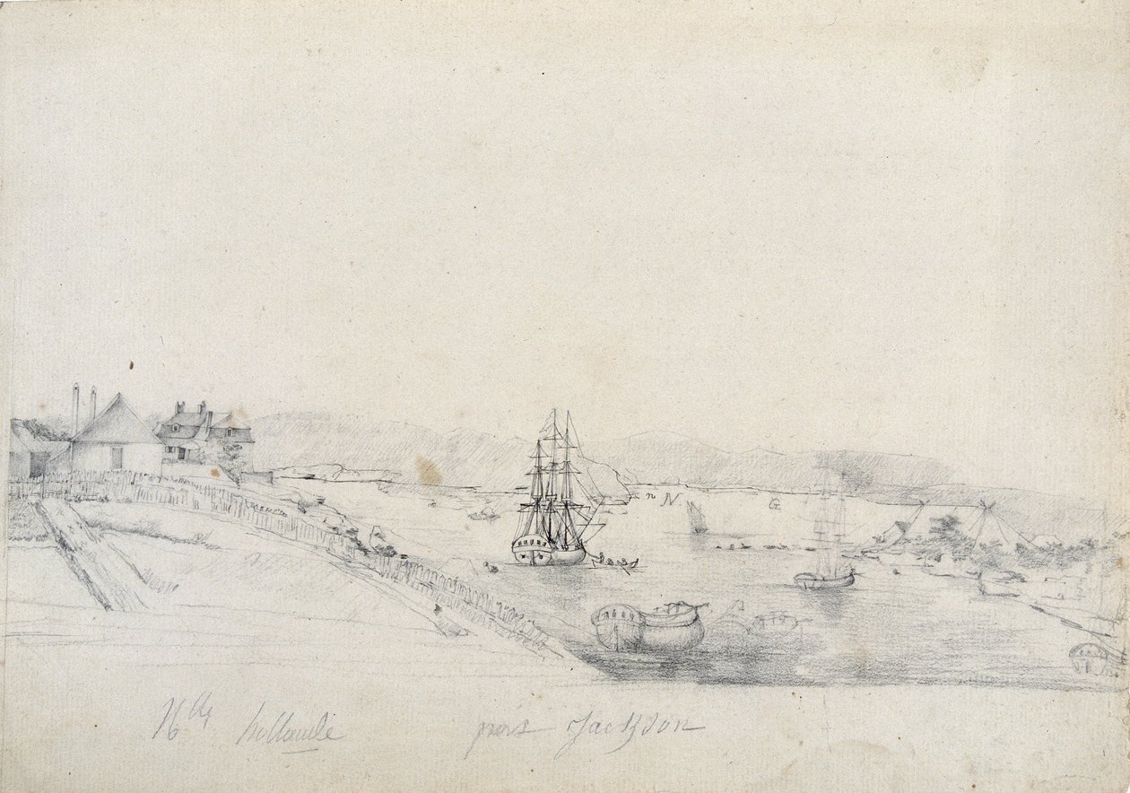Jobb oldalon a Baudin-expedíció franciáinak tábora Bennelong felé mutat, balra Sydney, Nicolas Bayley otthona – Charles Alexandre Lesueur ceruza és tinta alkotó: Charles Alexandre Lesueur