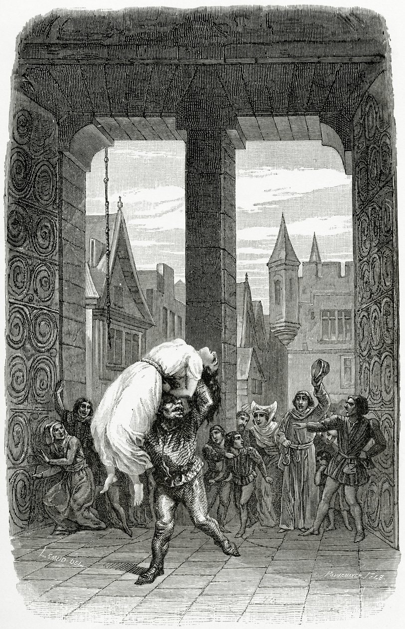 Quasimodo megmenti Esmeraldát a kivégzéstől – illusztráció a Notre Dame de Parisból, 19. század (bw metszet) alkotó: Charles Alexandre Lesueur
