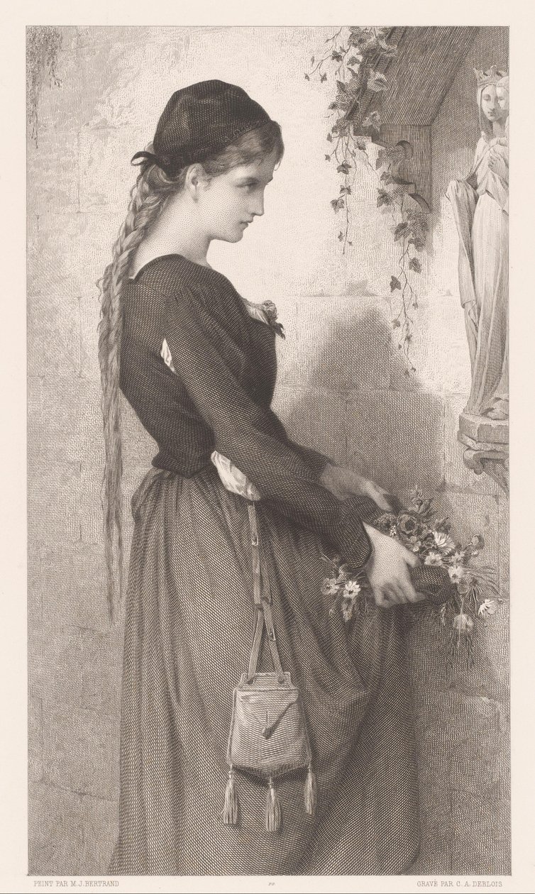 Fiatal nő virágot hoz a Mária-szobor fülkébe Marguerite (cím a tárgyon) alkotó: Charles Alphonse Deblois