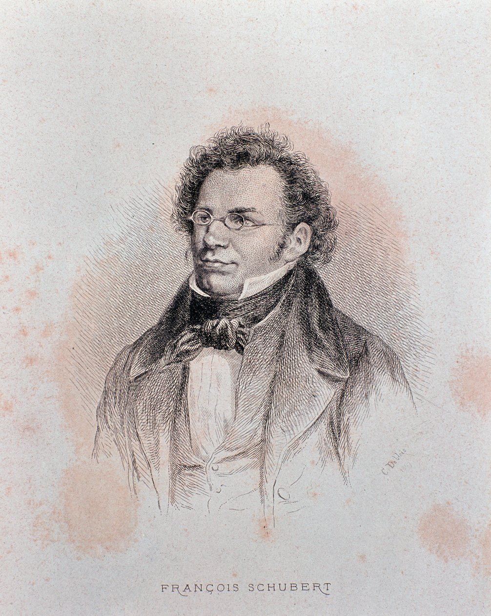 Franz Schubert portréja (metszet alkotó: Charles Alphonse Deblois