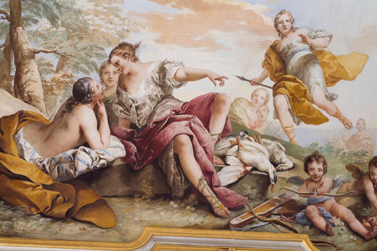 Diana maradéka a nimfák között, Charles-Andre van Loo (1705-1765), freskó, hálószoba boltíves mennyezete, Királynő lakása, Stupinigi, Piemont, Olaszország alkotó: Charles André van Loo