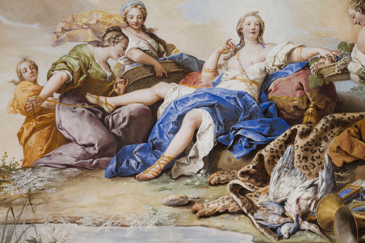 Diana maradéka a nimfák között, Charles-Andre van Loo (1705-1765), freskó, hálószoba boltíves mennyezete, királynő lakása, vadászrezidencia, Filippo Juvarra (1678-1736). ), Stupinigi, Piemont, Olaszország alkotó: Charles André van Loo