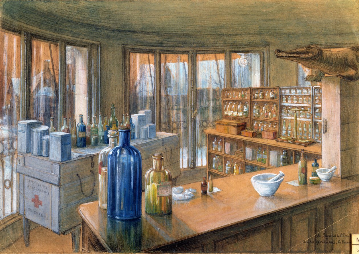A párizsi holland katonai kórház gyógyszertára, 1917 (ceruza és kréta papíron) alkotó: Charles Andre Igounet de Villers