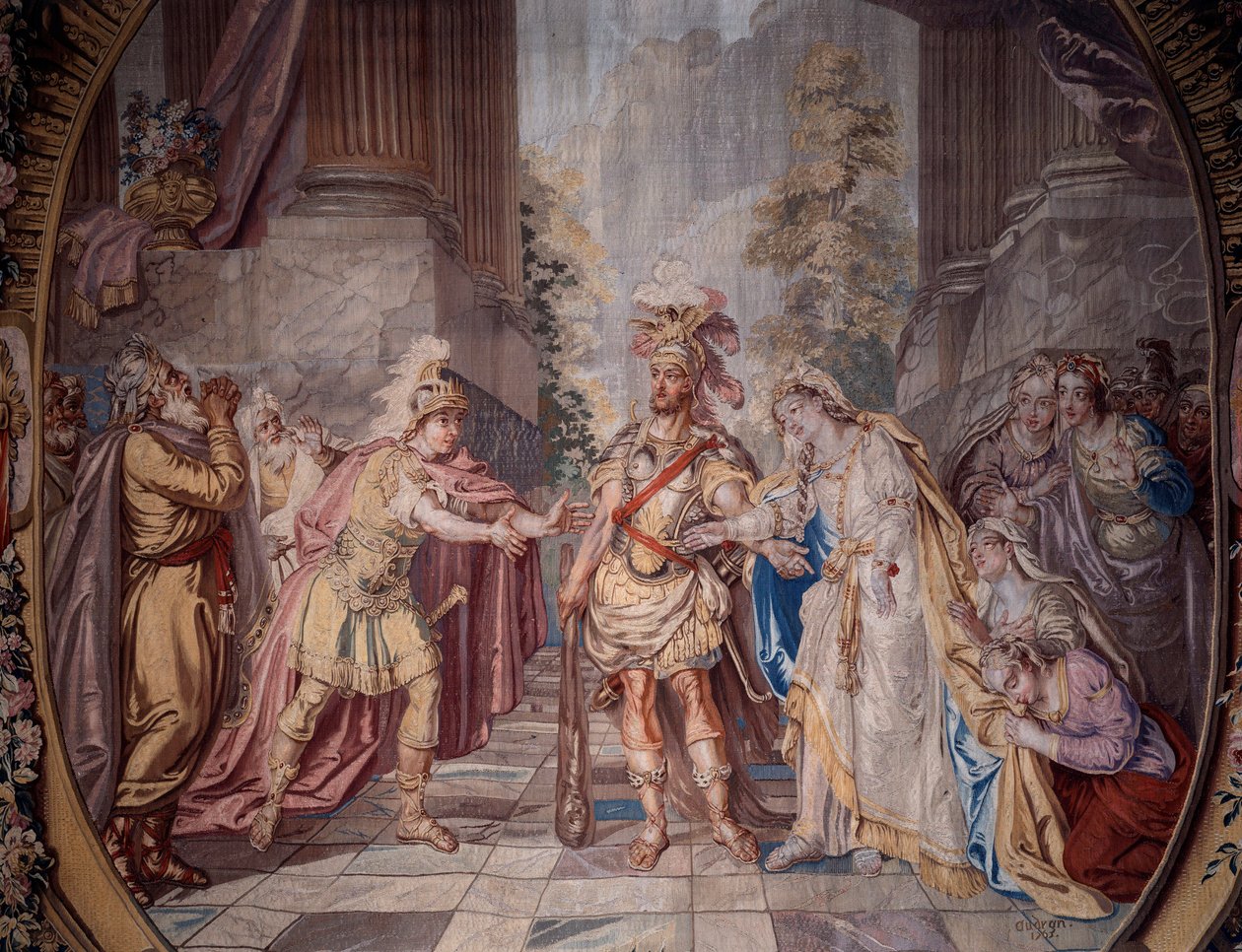 Szcenográfia: „” Alceste”” Philippe Quinault (1635-1688) operája V. felvonásának 4. jelenetének ábrázolása, amelyet Jean Baptiste Lully (Giovanni Battista Lulli) (1632-1687) zenésített meg. Részlet Charles Antoine Coypel (1694-1752) 1764-ben készült gobeli alkotó: Charles Antoine (after) Coypel