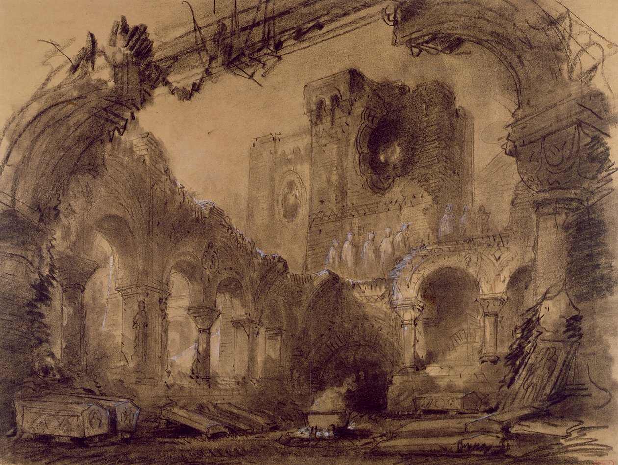 Romok, díszletterv Giuseppe Verdi (1813-1901) „Macbeth” című előadásához a Theatre Lyrique-ben, Chatelet, Párizs, 1865 (szén és fehér kréta papíron) alkotó: Charles Antoine Cambon