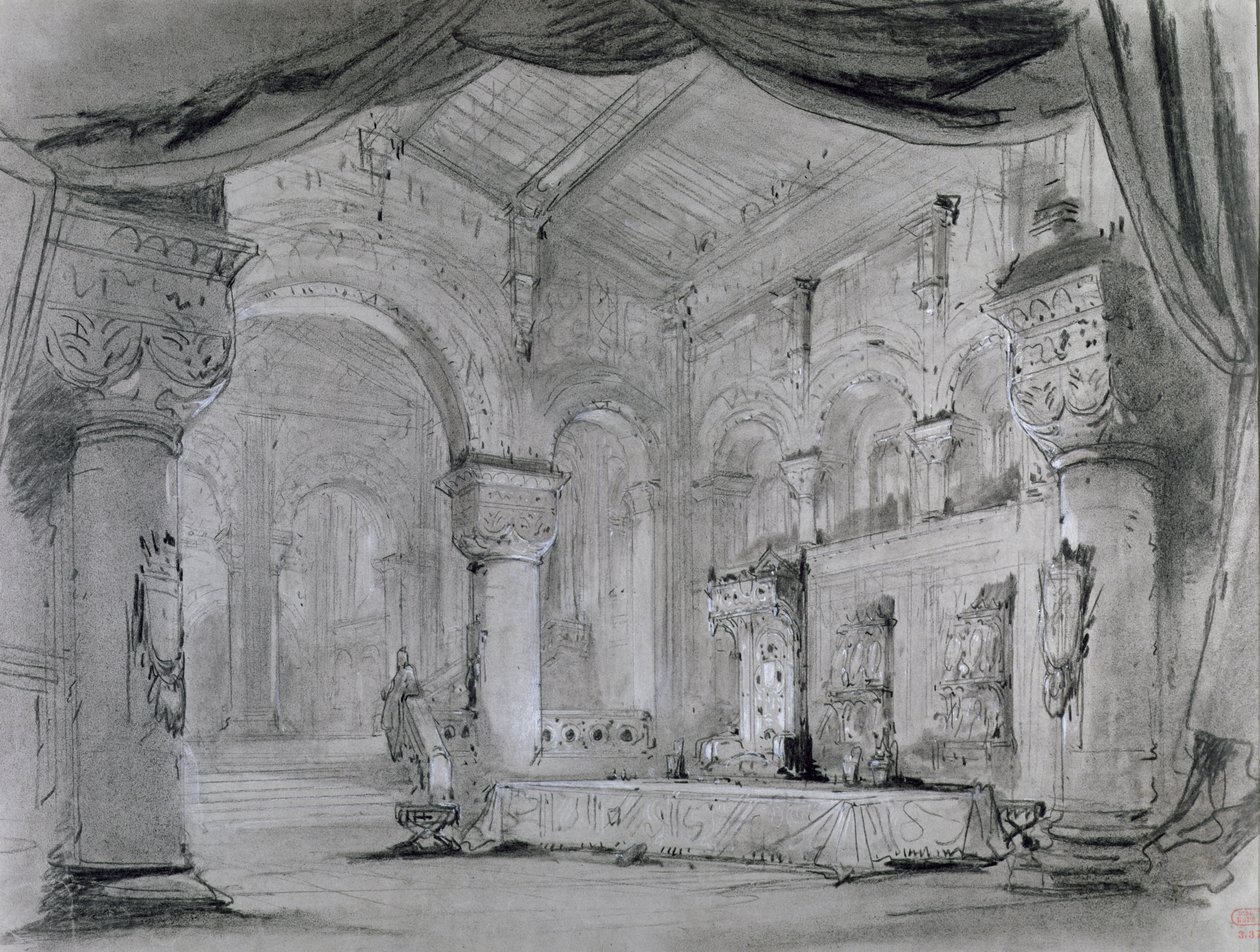 A palota belső terének díszlete Giuseppe Verdi (1813-1901) „Macbeth” című operájának előadásához a Theatre Lyrique-ben, Chatelet, 1865 (szén és fehér kréta papíron) alkotó: Charles Antoine Cambon