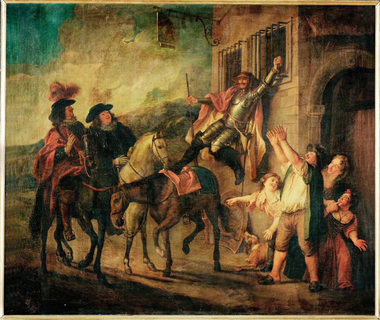 Don Quichotte attache a unse fenetre par la malice de Maritorne - Don Quijote, Maritorne rosszindulatán keresztül, az ablakhoz szíjazva ... alkotó: Charles Antoine Coypel