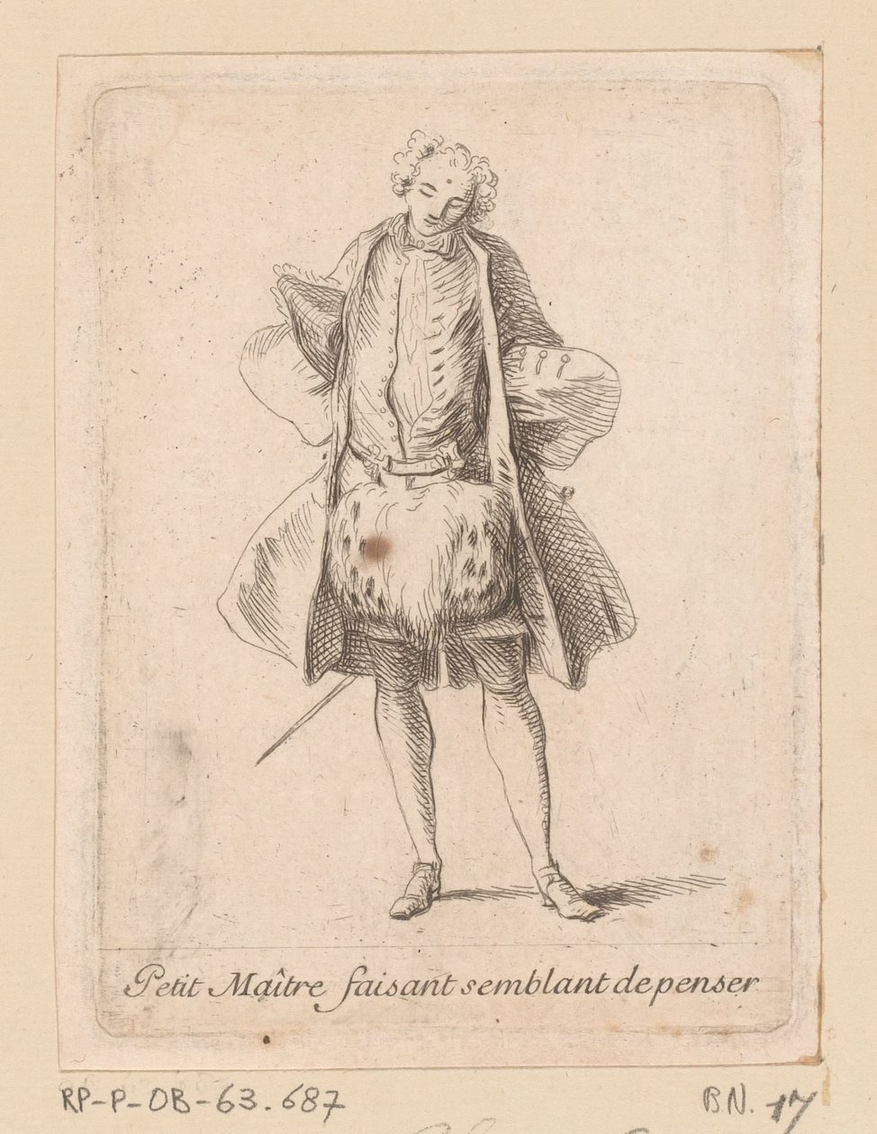 Álló nemes elölről nézve Petit Maître faisant semblant de penser (cím a tárgyon) A módok figurái (sorozat címe) alkotó: Charles Antoine Coypel
