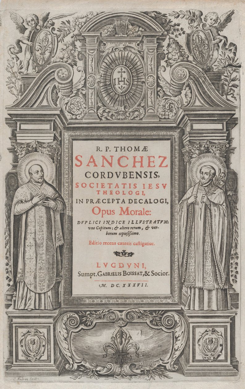 Az „Opus morale in the Precepts of the Decalogue” címlapja, 1637. alkotó: Charles Audran