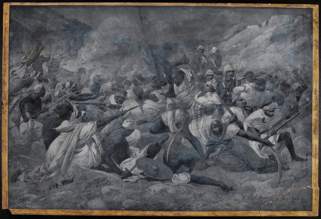 „Az egyiptomi hadsereg veresége Hicks pasa alatt Mahdi Muhummad Ahmad erőitől El Obeidnél”, 1883. november 5. (akvarell en grisaille) alkotó: Charles Auguste Loye