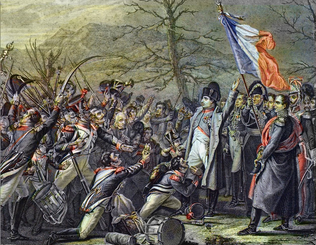 Napóleon hazatérve Elbáról – metszet Steuben után – „” I. Napóleon visszatérése Elba szigetéről, debarque Cannes-ba 1815. március 1-jén”” alkotó: Charles Auguste (after) Steuben