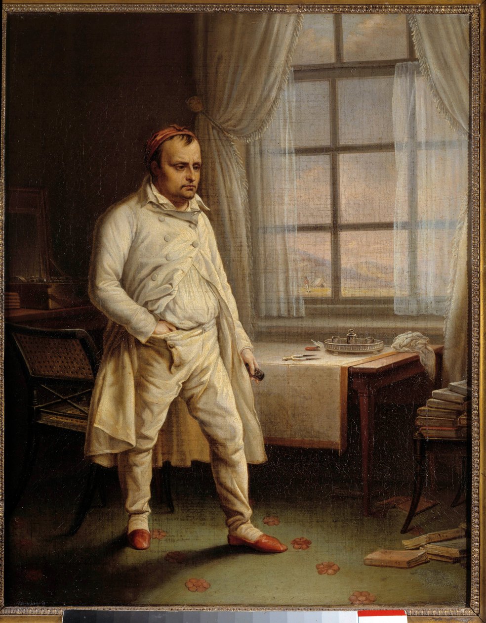 I. Napóleon (1769-1821) egy Sainte Helene portréja egy darabban Longwoodban, aki emlékműveit diktálja Charles Auguste Steuben (1788-1856) festménye 1820 V. 0,62 x 0,51 m Ile D