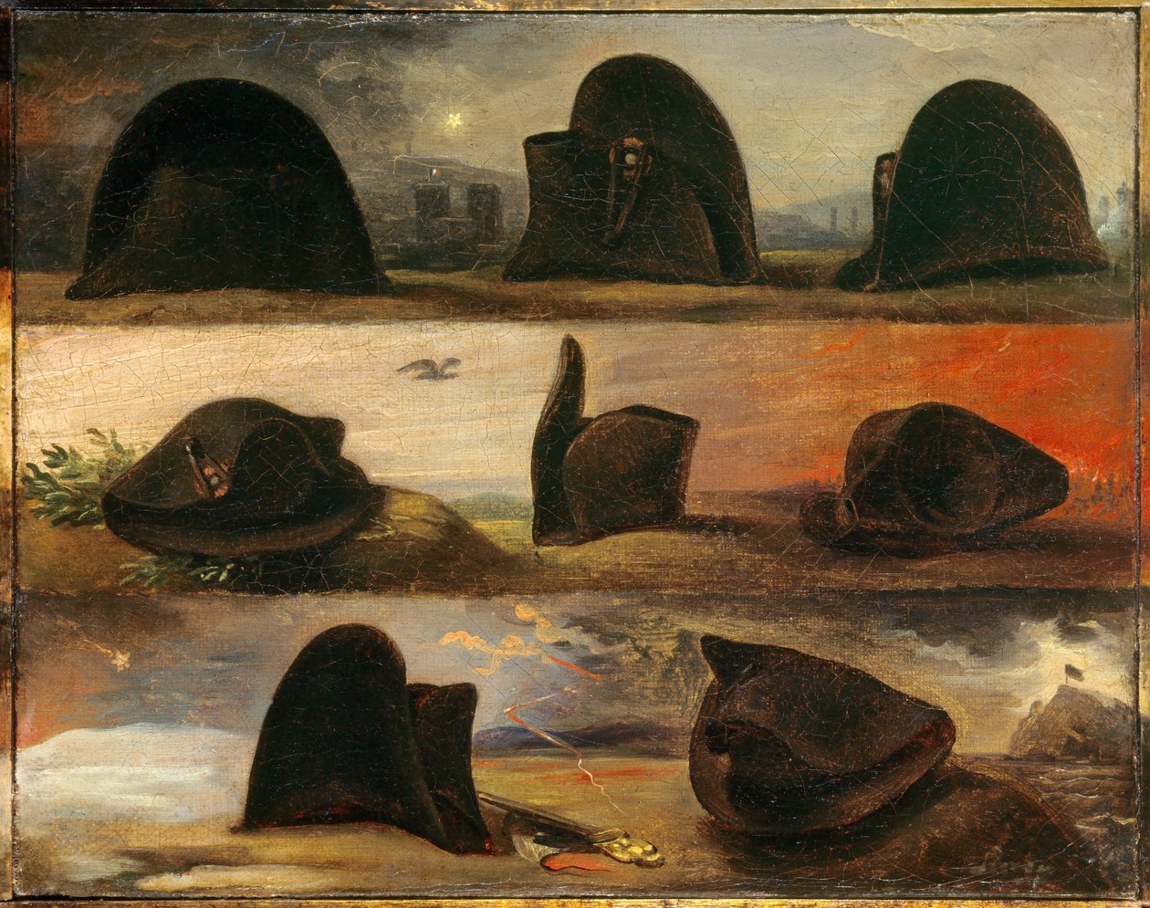I. Napóleon korszakai vagy Napóleon élete nyolc kalapban. Charles Auguste Steuben (1788-1856) festménye Ec. Összes, v. 1826. Olaj, vászon. Mérete: 0,26 x 0,29 m. Malmaison, Musee Du Chateau alkotó: Charles Auguste Steuben