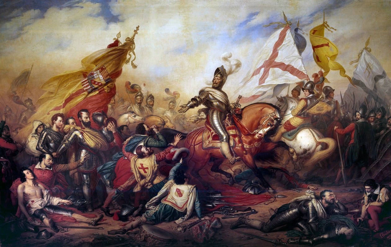 Vallásháborúk (1562-1598): „” IV. Henrik francia király (1553-1610) az ivry-i csatában, 1590. március 14-én”” A királyi hadsereg győzött a Katolikus Liga hadserege ellen. Részlet Charles de Steuben (1788-1856) 19. századi V. festményéről. 4,2x8,1 m - Wa alkotó: Charles Auguste Steuben
