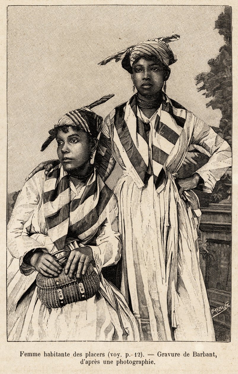 A lelőhelyeken, ásványi lelőhelyeken élő nők. Barbant metszete a "chez nos indiens, quatre annees de voyage dans la Guiane francaise" című történet illusztrálására. alkotó: Charles Barbant