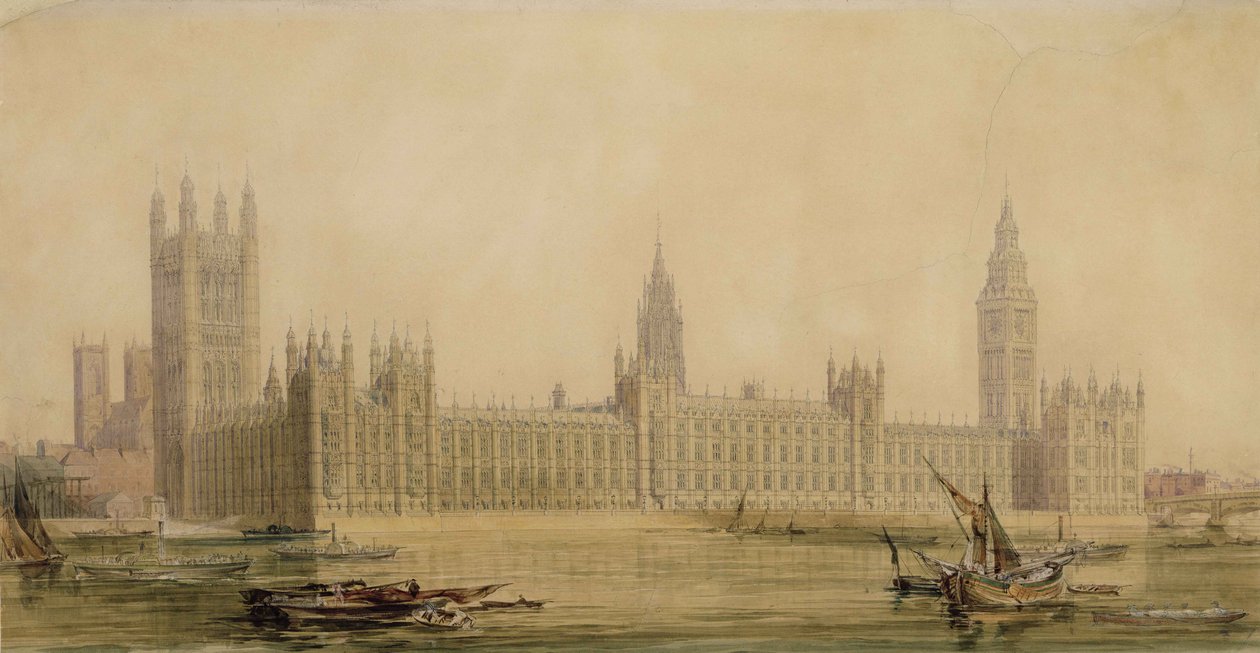 Perspektivikus kép a Parlament új házairól, 1840 körül (wc grafiton, gouache, toll és tinta papíron) alkotó: Charles Barry