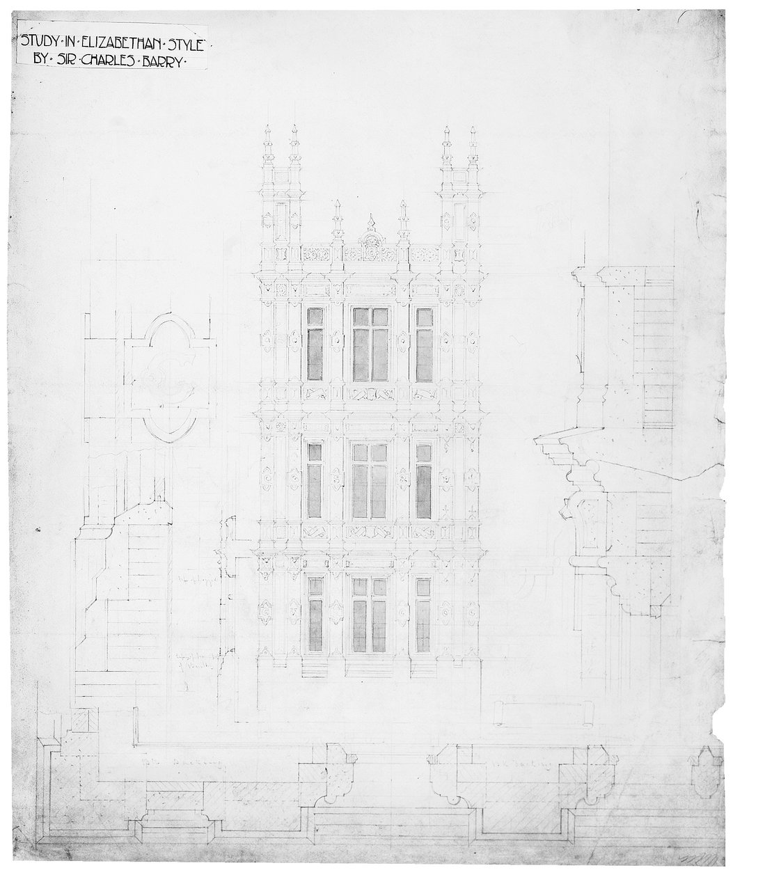 "Study in Elizabethan Style", rajz a Parlament épületéhez, 1836-40 körül (toll és tinta papíron) alkotó: Charles Barry