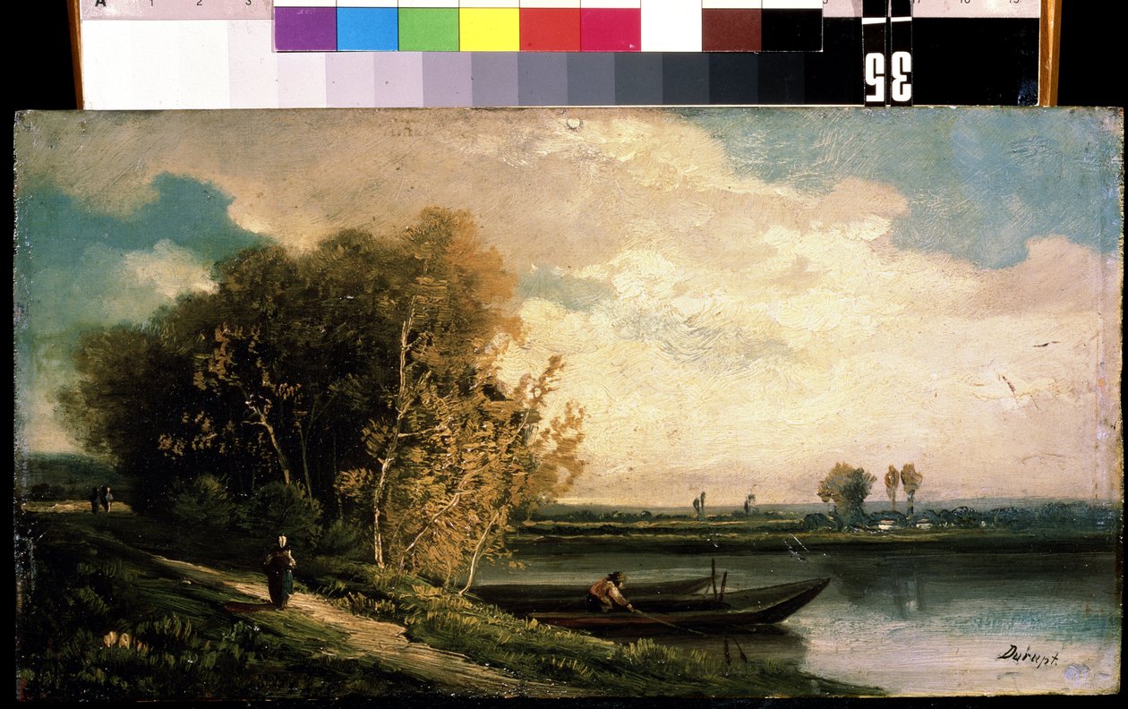 ""La berge"" (A tengerpart) Folyóparti táj egy halász és egy parasztasszonnyal. Charles Barthelemy Jean Durupt (1804-1838) festménye 19. századi Mikhail Kroshitsky Művészeti Múzeum, Szevasztopol (Szevasztopol) Ukrajna alkotó: Charles Barthelemy Durupt