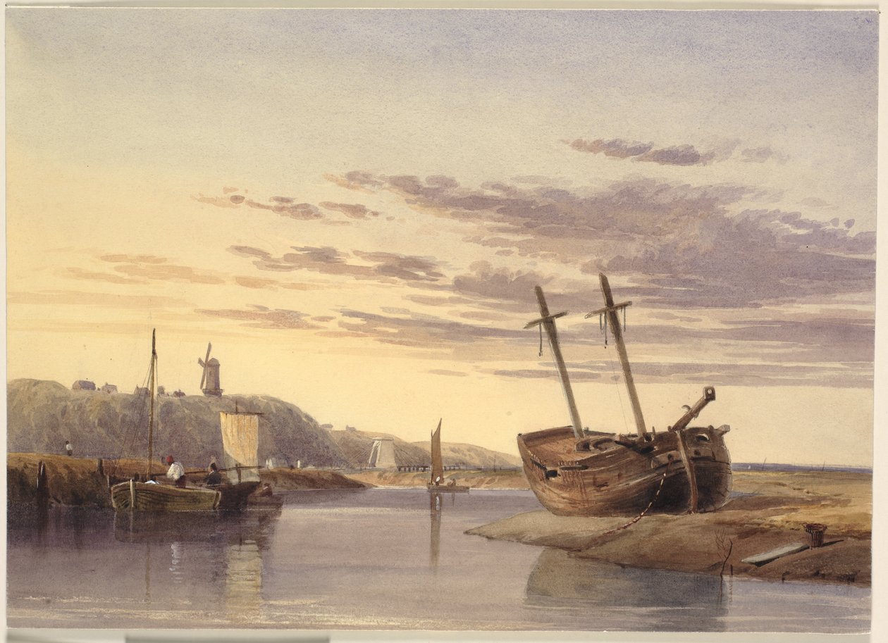 Horgászcsónakok Rye Harbourban, szélmalommal a távolban alkotó: Charles Bentley