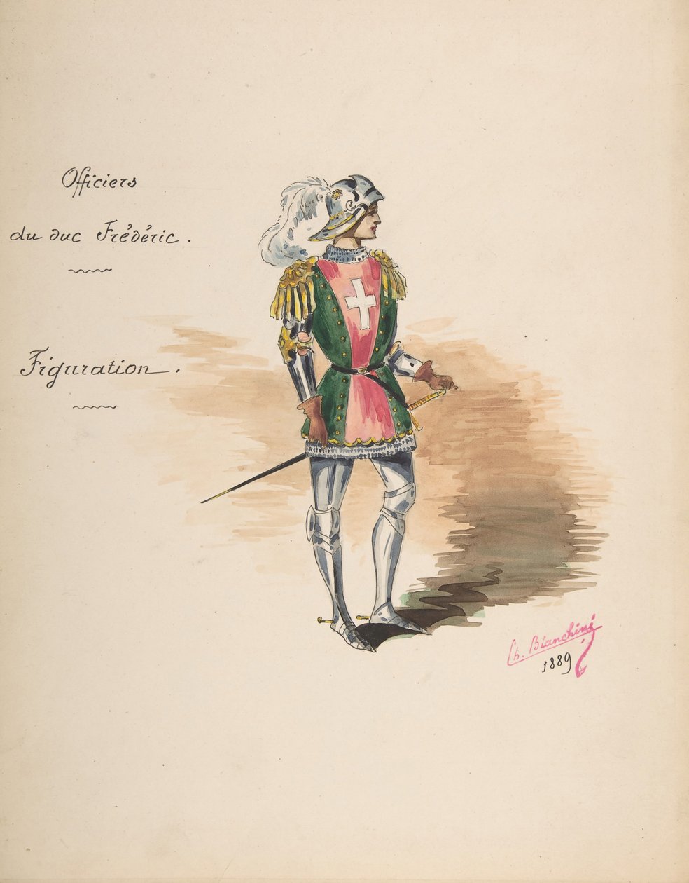 Jelmezterv Frederick herceg [a] tisztjei számára, Jelmez leírása..., 1889. alkotó: Charles Bianchini