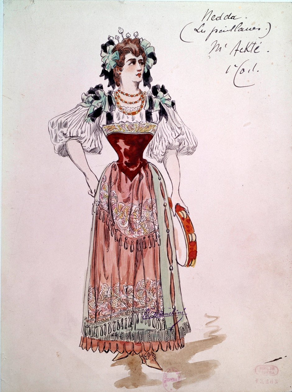 Nedda vagy Colombine jelmez Ruggero Leoncavallo (1857-1919) 1892-es "" Paillasse " (bohócok, bohócok) című operájához. Charles Bianchini (1860-1905) akvarellje alkotó: Charles Bianchini