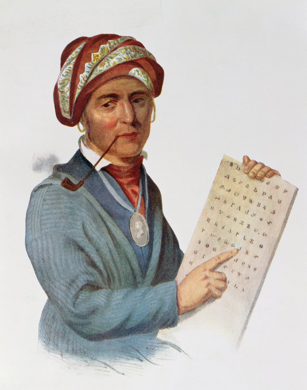 Se-quo-yah vagy George Guess, 1828, illusztráció a „The Indian Tribes of North America, Vol.1”, Thomas L. McKenney és James Hall, pub. írta John Grant alkotó: Charles Bird King